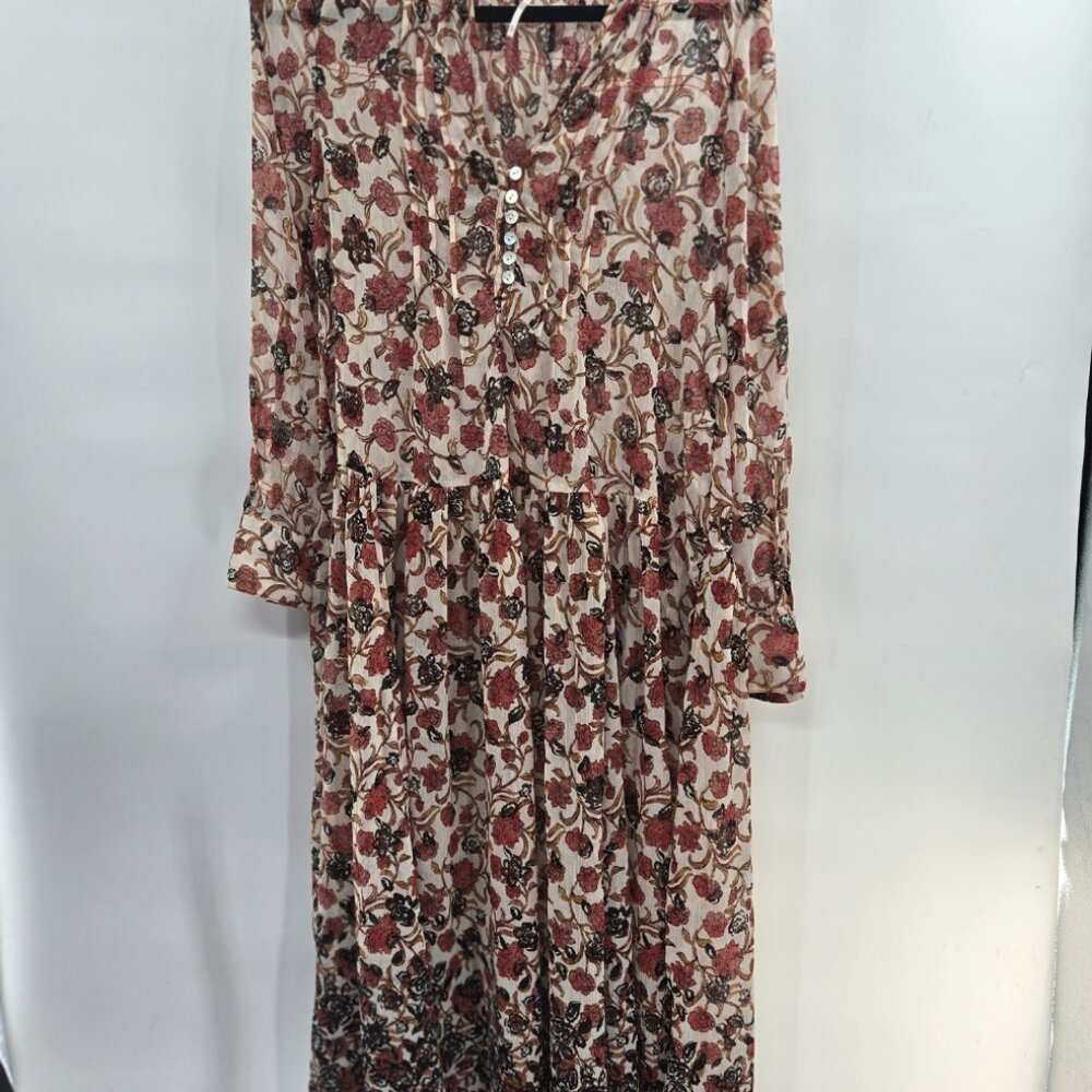 Free People See It Thru Brown Beige Floral Long Sleeve Sheer Maxi Dress XS